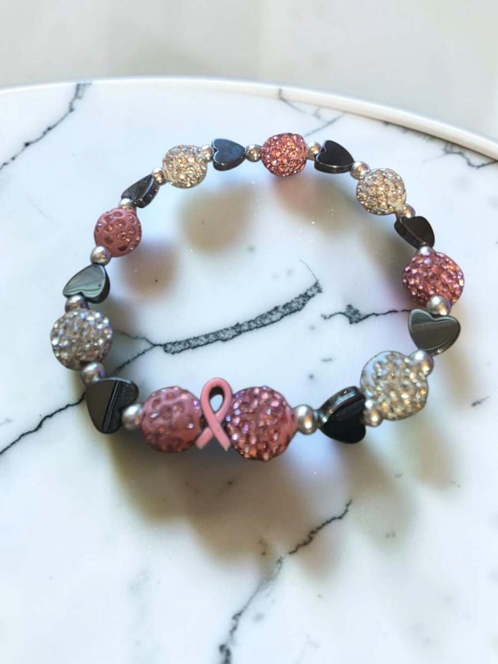 Pink Ribbon Breast Cancer Awareness Beaded Stretch Bracelet